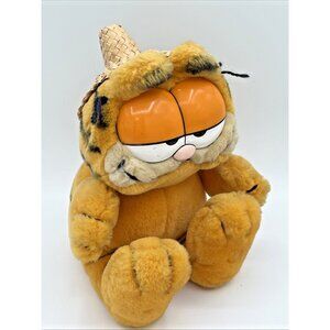 Vintage Garfield Cat Plush Stuffed Animal W/ straw hat Hawaiian Dakin 1978,1981